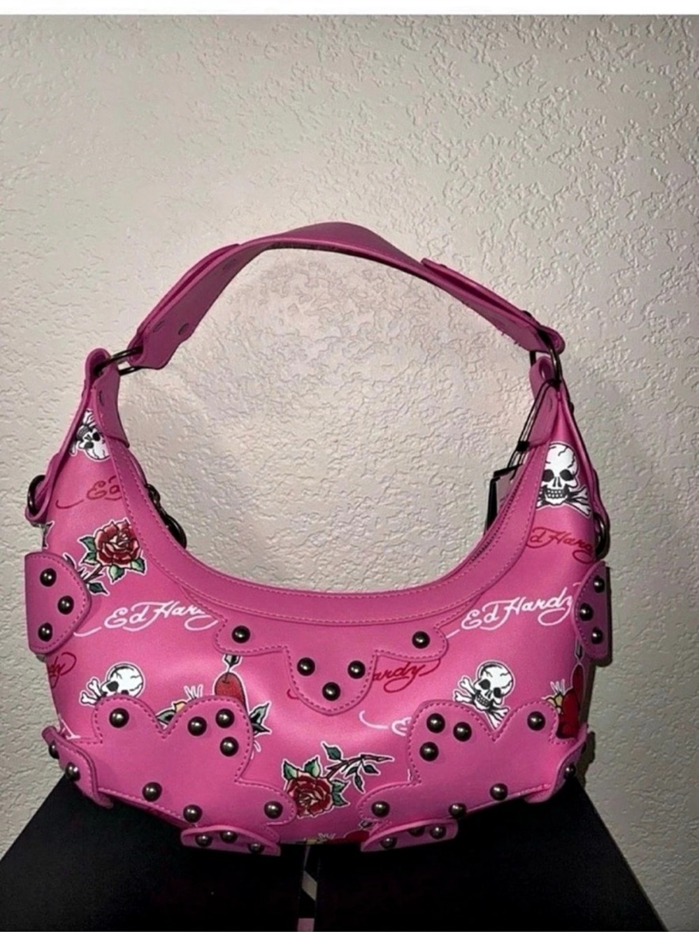 Ed Hardy Pink Tattoo Print Studded Hobo Shoulder Bag Pink Studded Floral